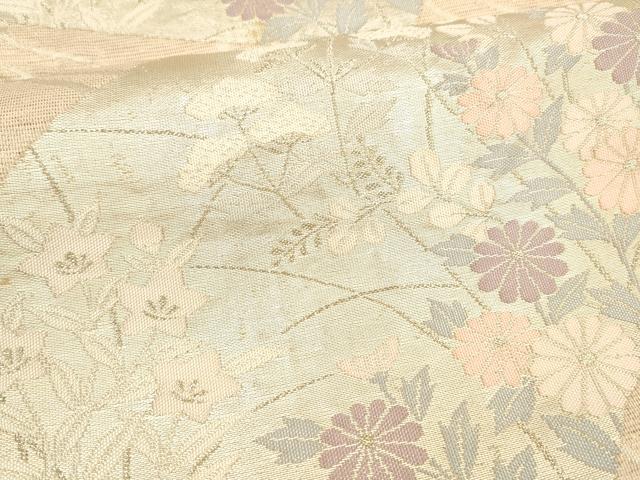 平和屋着物＊夏物 六通柄袋帯 流水地紙草花文 銀糸 正絹 逸品 DAAY8490cm
