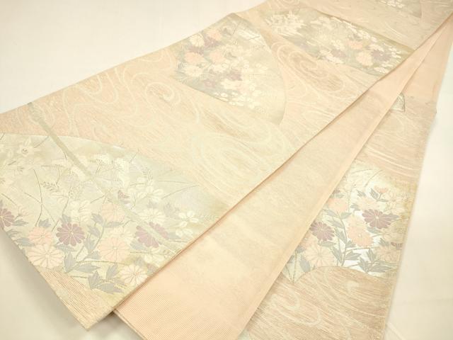 平和屋着物＊夏物 六通柄袋帯 流水地紙草花文 銀糸 正絹 逸品 DAAY8490cm