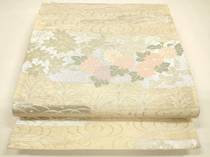 平和屋着物＊夏物 六通柄袋帯 流水草花文 銀糸 正絹 逸品 DAAY8491cm