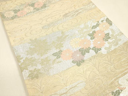 平和屋着物＊夏物 六通柄袋帯 流水草花文 銀糸 正絹 逸品 DAAY8491cm