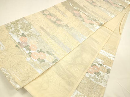 平和屋着物＊夏物 六通柄袋帯 流水草花文 銀糸 正絹 逸品 DAAY8491cm