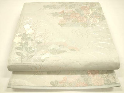 平和屋着物＊夏物 六通柄袋帯 流水草花文 銀糸 正絹 逸品 DAAY8501cm