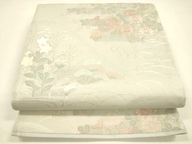 平和屋着物＊夏物 六通柄袋帯 流水草花文 銀糸 正絹 逸品 DAAY8501cm