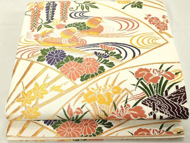 平和屋着物◎六通柄袋帯　唐織　扇面花鳥文　金糸　正絹　逸品　DAAY8590cd