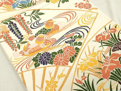 平和屋着物◎六通柄袋帯　唐織　扇面花鳥文　金糸　正絹　逸品　DAAY8590cd