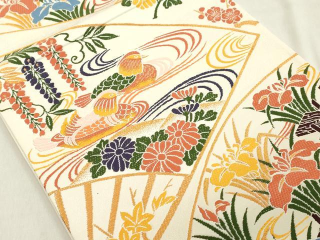 平和屋着物◎六通柄袋帯　唐織　扇面花鳥文　金糸　正絹　逸品　DAAY8590cd