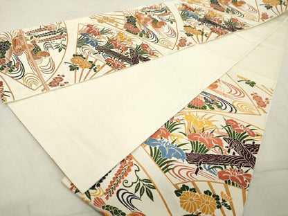 平和屋着物◎六通柄袋帯　唐織　扇面花鳥文　金糸　正絹　逸品　DAAY8590cd
