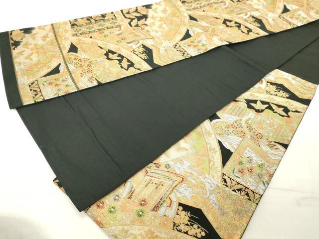 平和屋着物◎六通柄袋帯　御所車人物花文　黒地　金糸　正絹　逸品　DAAY8604cd