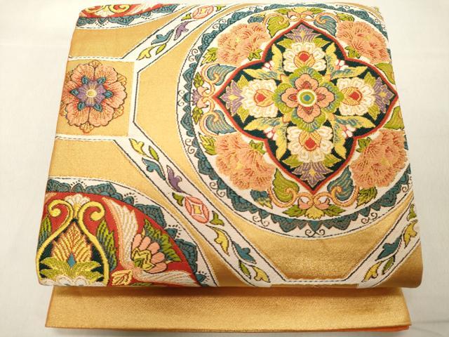 平和屋着物◎六通柄袋帯 唐織 花絵皿文 金糸 正絹 逸品 DAAY8608cd