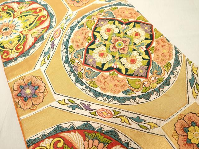 平和屋着物◎六通柄袋帯 唐織 花絵皿文 金糸 正絹 逸品 DAAY8608cd