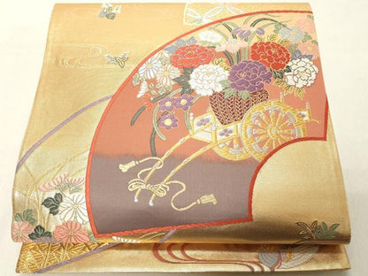 平和屋着物◎六通柄袋帯 唐織 能舞 扇面鴛鴦文 金糸 正絹 逸品 DAAY8616cd