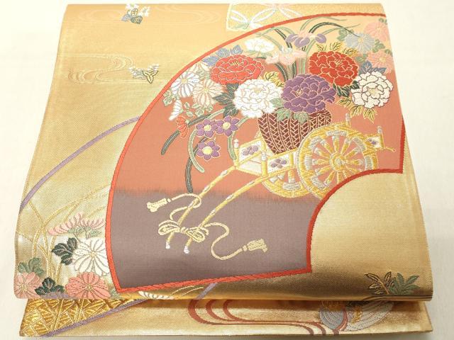 平和屋着物◎六通柄袋帯 唐織 能舞 扇面鴛鴦文 金糸 正絹 逸品 DAAY8616cd