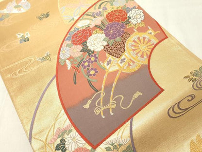 平和屋着物◎六通柄袋帯 唐織 能舞 扇面鴛鴦文 金糸 正絹 逸品 DAAY8616cd