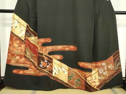 平和屋着物■豪華黒留袖 駒刺繍 飛鶴吉祥花文 暈し染め 金彩 正絹 逸品 DAAY8790cd