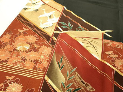 平和屋着物■豪華黒留袖 駒刺繍 飛鶴吉祥花文 暈し染め 金彩 正絹 逸品 DAAY8790cd