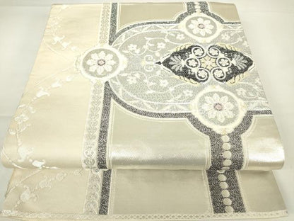 平和屋着物▼西陣　六通柄袋帯　正倉院花文　銀糸　正絹　逸品　DAAY9027az