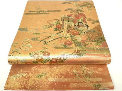平和屋着物▼漆工芸作家　金森一博　六通柄袋帯　御所車花松文　金彩　引箔　正絹　逸品　DAAY9088az