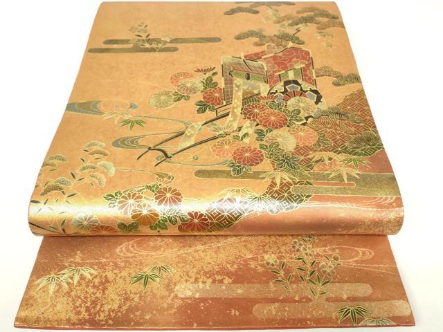 平和屋着物▼漆工芸作家　金森一博　六通柄袋帯　御所車花松文　金彩　引箔　正絹　逸品　DAAY9088az