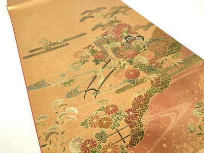 平和屋着物▼漆工芸作家　金森一博　六通柄袋帯　御所車花松文　金彩　引箔　正絹　逸品　DAAY9088az