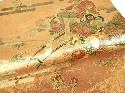 平和屋着物▼漆工芸作家　金森一博　六通柄袋帯　御所車花松文　金彩　引箔　正絹　逸品　DAAY9088az