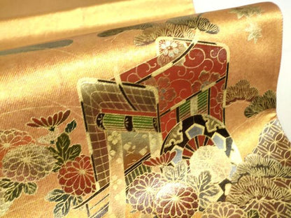 平和屋着物▼漆工芸作家　金森一博　六通柄袋帯　御所車花松文　金彩　引箔　正絹　逸品　DAAY9088az