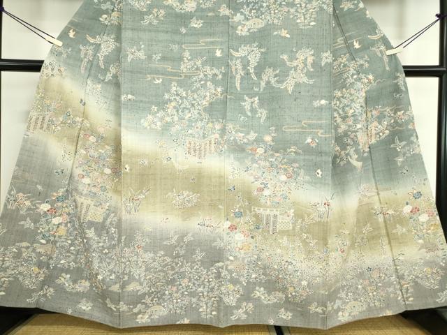 平和屋着物●染織の名門 しょうざん 生紬 訪問着 籬花文 金彩 正絹 逸品 DAAY9252az