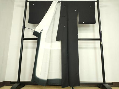 平和屋着物●上質な小紋 絞り 霞文 蛍暈し 黒地 正絹 逸品 DAAY9254az