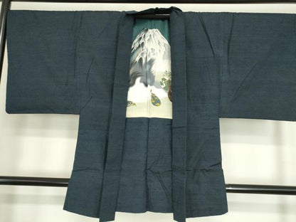 平和屋着物●男性　紬　アンサンブル　濃藍色　正絹　逸品　DAAY9356az