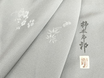 平和屋着物●本加賀友禅作家 柿本市郎監修 色無地 花丸地紋 薄鼠色 正絹 逸品 DAAY9369az