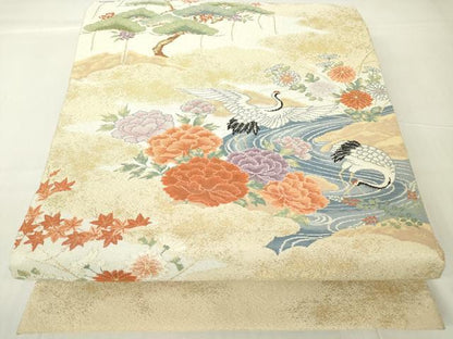 平和屋着物▼綴れ　太鼓柄袋帯　吉祥飛鶴花松文　金銀糸　正絹　逸品　DAAY9687az