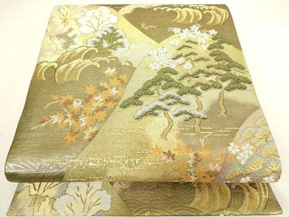 平和屋着物▼佐賀錦　六通柄袋帯　立波樹林文　金糸　正絹　逸品　DAAY9821az