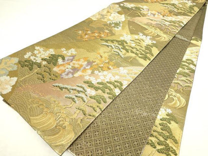 平和屋着物▼佐賀錦　六通柄袋帯　立波樹林文　金糸　正絹　逸品　DAAY9821az