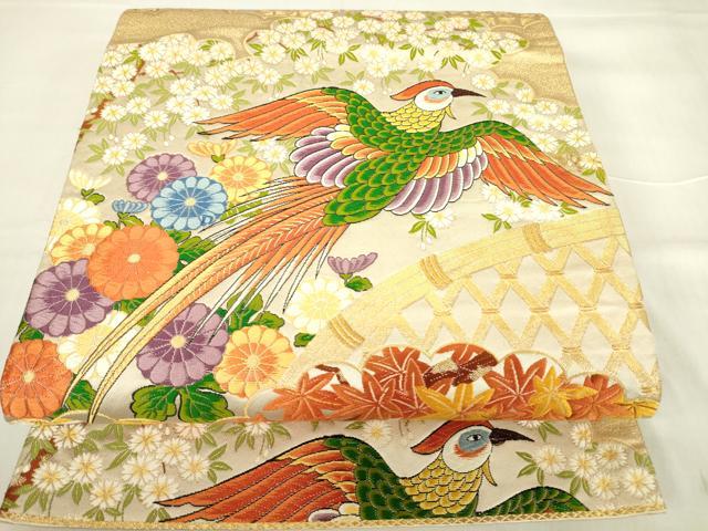 平和屋着物▼六通柄袋帯　唐織　尾長鳥牡丹文　金糸　正絹　逸品　DAAY9829az