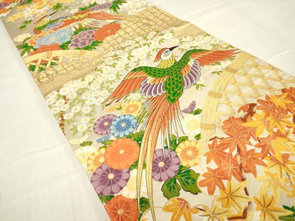 平和屋着物▼六通柄袋帯　唐織　尾長鳥牡丹文　金糸　正絹　逸品　DAAY9829az