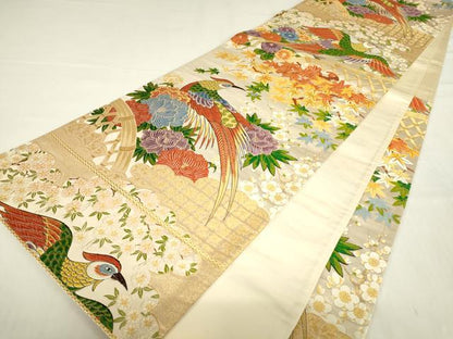 平和屋着物▼六通柄袋帯　唐織　尾長鳥牡丹文　金糸　正絹　逸品　DAAY9829az