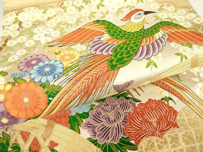 平和屋着物▼六通柄袋帯　唐織　尾長鳥牡丹文　金糸　正絹　逸品　DAAY9829az