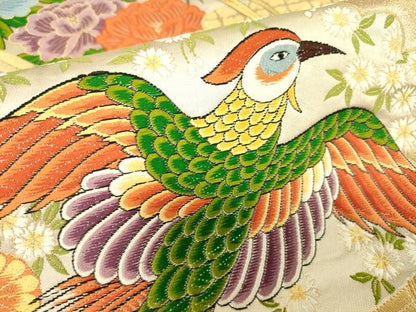 平和屋着物▼六通柄袋帯　唐織　尾長鳥牡丹文　金糸　正絹　逸品　DAAY9829az