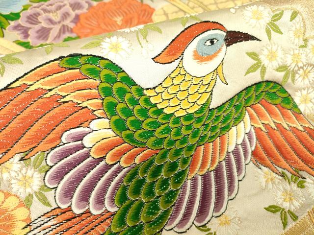 平和屋着物▼六通柄袋帯　唐織　尾長鳥牡丹文　金糸　正絹　逸品　DAAY9829az