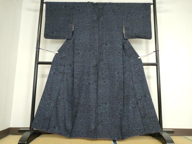 平和屋着物●結城紬　更紗花文　80亀甲　正絹　逸品　DAAY9950az