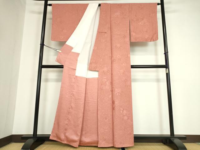 平和屋着物○無地絵羽訪問着 総刺繍 辻が花地紋 退紅色 正絹