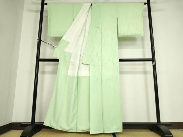 平和屋着物●上質な色無地　笹竹地紋　裏葉柳色　反端付き　正絹　逸品　未使用　DAAY9952az