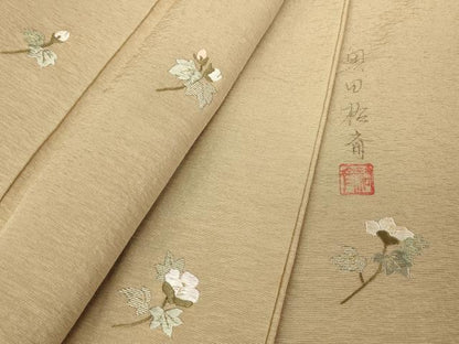 平和屋着物●染色作家　奥田祐斎　色留袖　総刺繍　草花文　白茶色　金糸　正絹　逸品　DAAY9953az