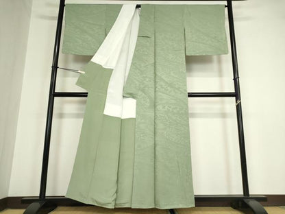 平和屋着物●上質な色無地　吉祥草花地紋　錆青磁色　正絹　逸品　DAAY9961az