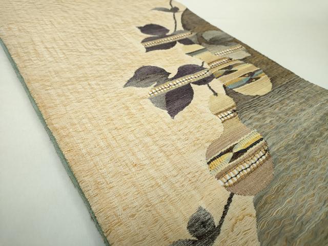 平和屋着物▽太鼓柄袋帯 スリーシーズン帯 春 夏 秋 すくい織 もじり織 蔦の葉瓢箪 金糸 正絹 逸品 DAAZ0076ps