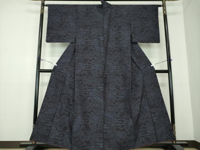 平和屋着物●結城紬　100亀甲　流水風景花文　正絹　逸品　DAAZ0201ps