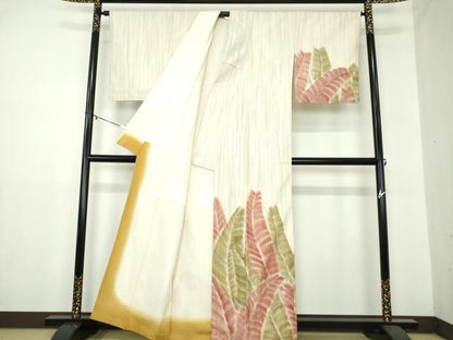 平和屋着物●訪問着　紬地　手描き　草葉文　正絹　逸品　DAAZ0212ps
