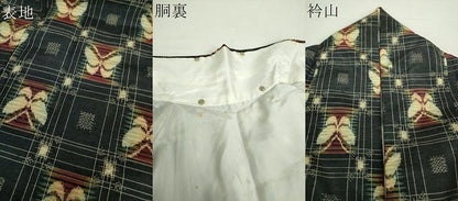 平和屋着物●上質な紬 格子舞蝶文 黒地 正絹 逸品 DAAZ0223ps
