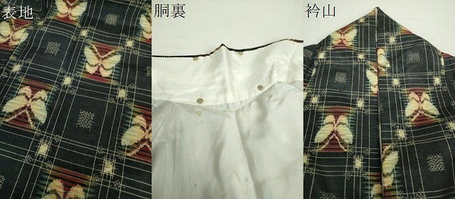 平和屋着物●上質な紬 格子舞蝶文 黒地 正絹 逸品 DAAZ0223ps