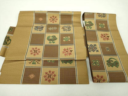 平和屋着物●本場筑前博多織　つけ帯　市松花鳥文　正絹　逸品　DAAZ0254ps