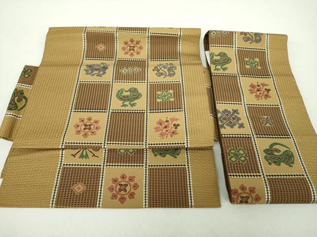 平和屋着物●本場筑前博多織　つけ帯　市松花鳥文　正絹　逸品　DAAZ0254ps